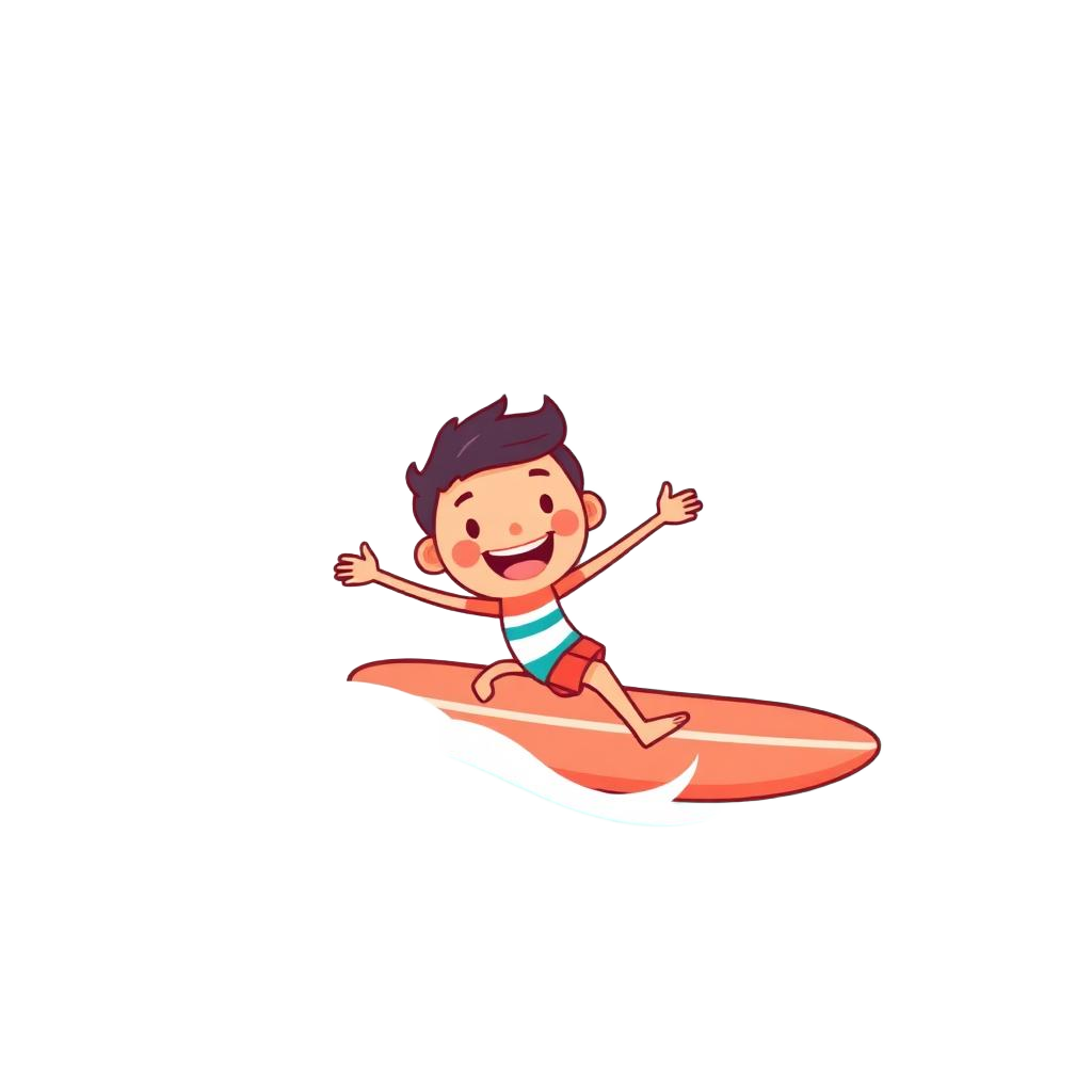 A happy little surfer riding a wave